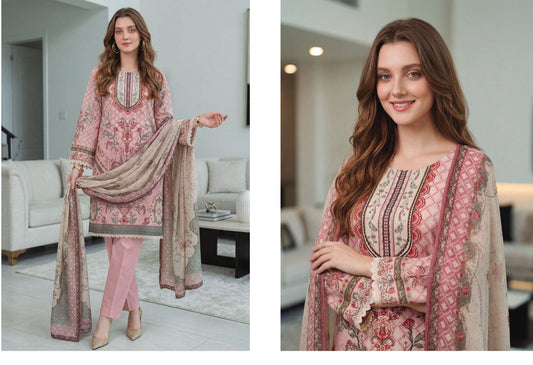 Rose Blush in printed lawn with chiffon dubatta