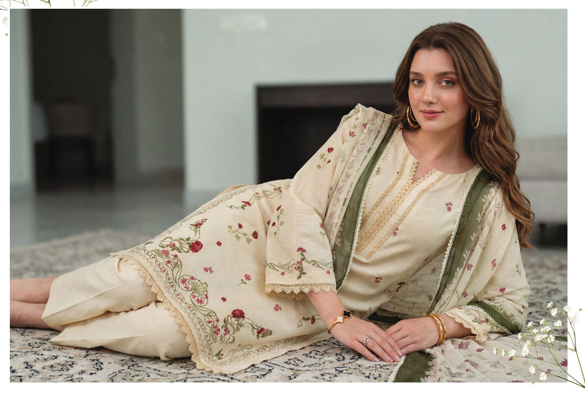 printed lawn with printed chiffon dupatta _Ivory Bloom