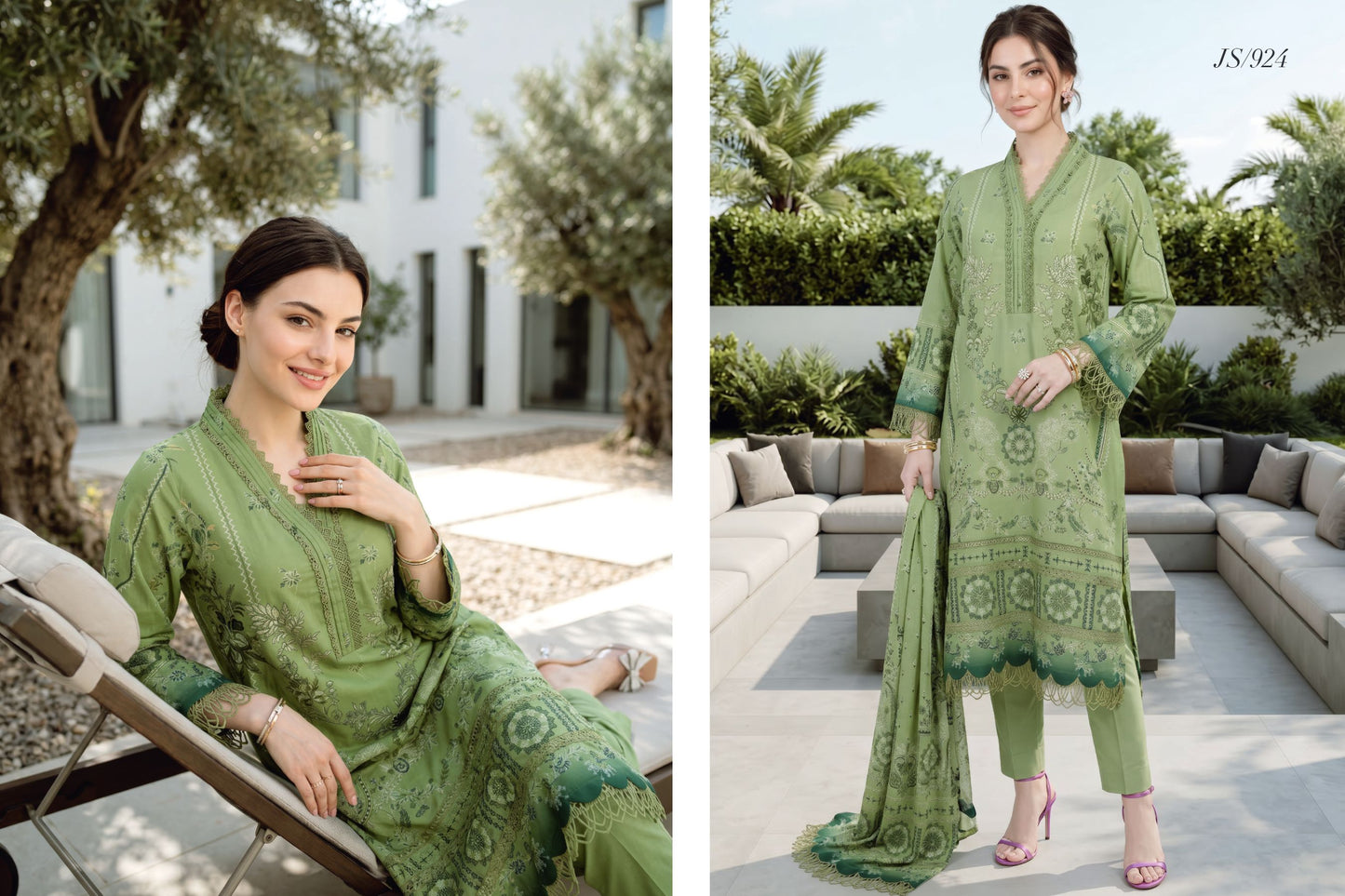 Olive Green Embellished Printed Lawn Suit with Printed Lawn Dupatta