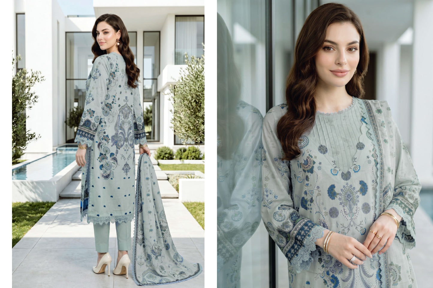 Sky Blue Floral Printed Lawn Suit with Printed Lawn Dupatta