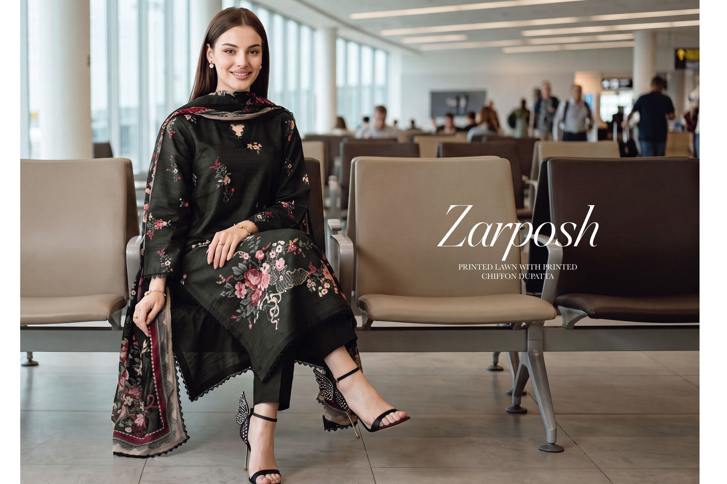 Black Printed Lawn with Chiffon Dupatta