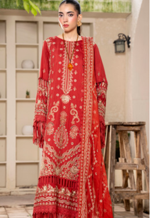 Red Embroidered Silk Viscose 3 Piece Suit with Bamber Chiffon Dupatta