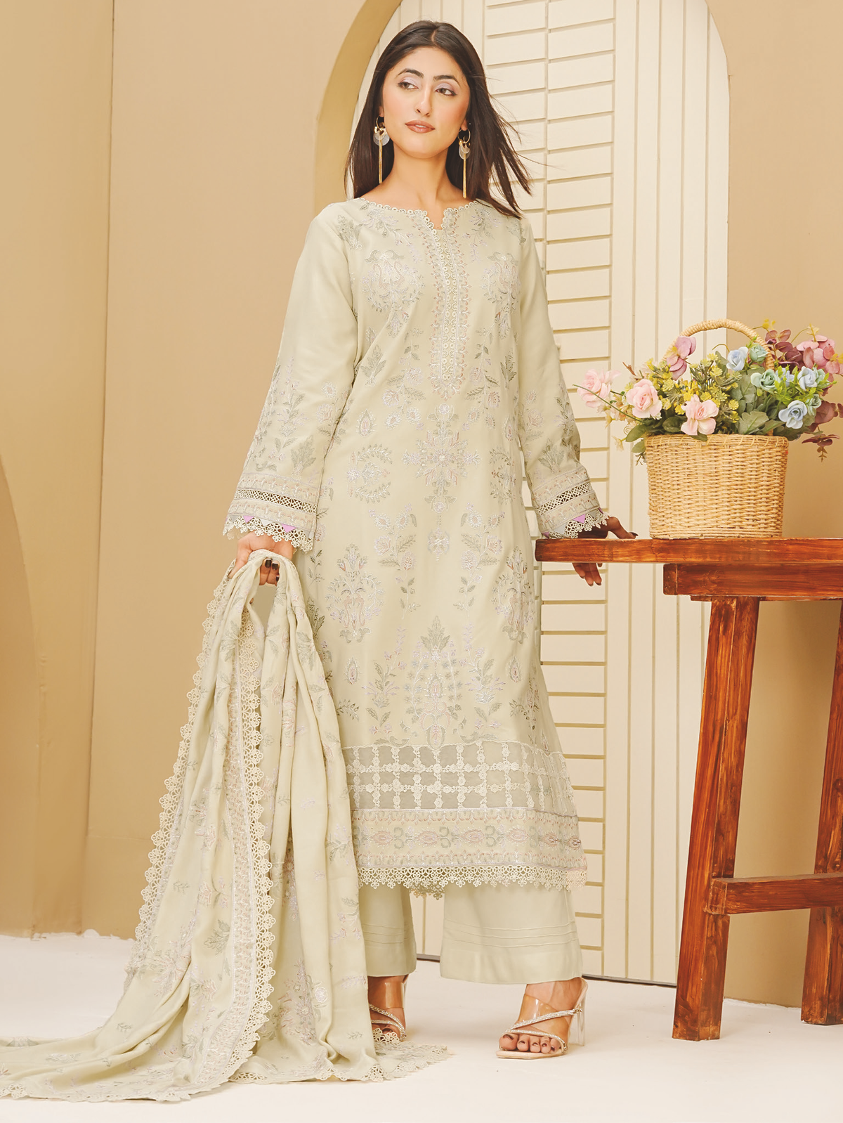 Elegant Embroidered Peach Leather Dress with Matching Wool Shawl
