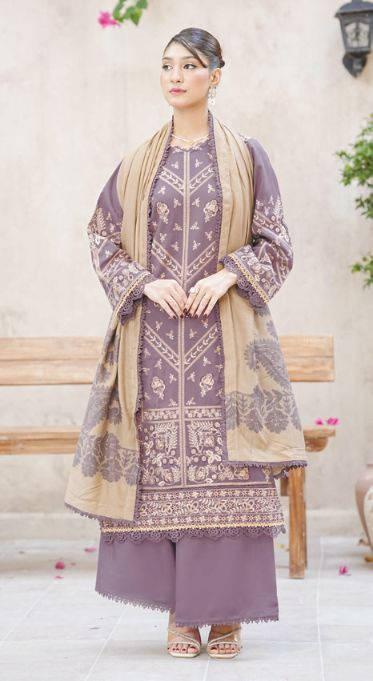 Designer Embroidered Winter 3-Piece with Jacquard Luxury Wool Shawl