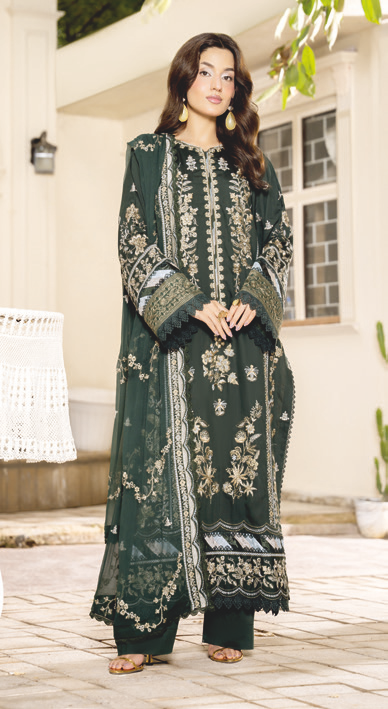 Elegant Embroidered Silk Viscose 3-Piece Suit with Bamber Chiffon Dupatta