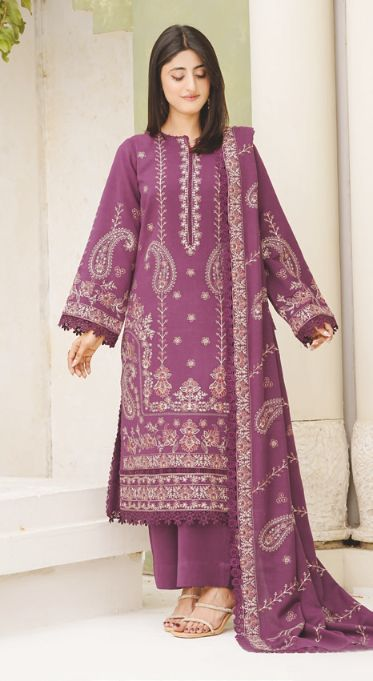 Premium Embroidered Peach Leather 3-Piece Suit with Wool Shawl