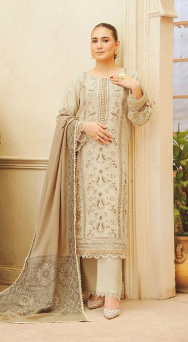 Embroidered Luxury Winter Suit with Jacquard Wool Shawl