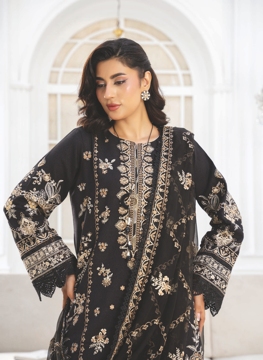 Luxury Resham Karandi Embroidered Suit with Chiffon Dupatta