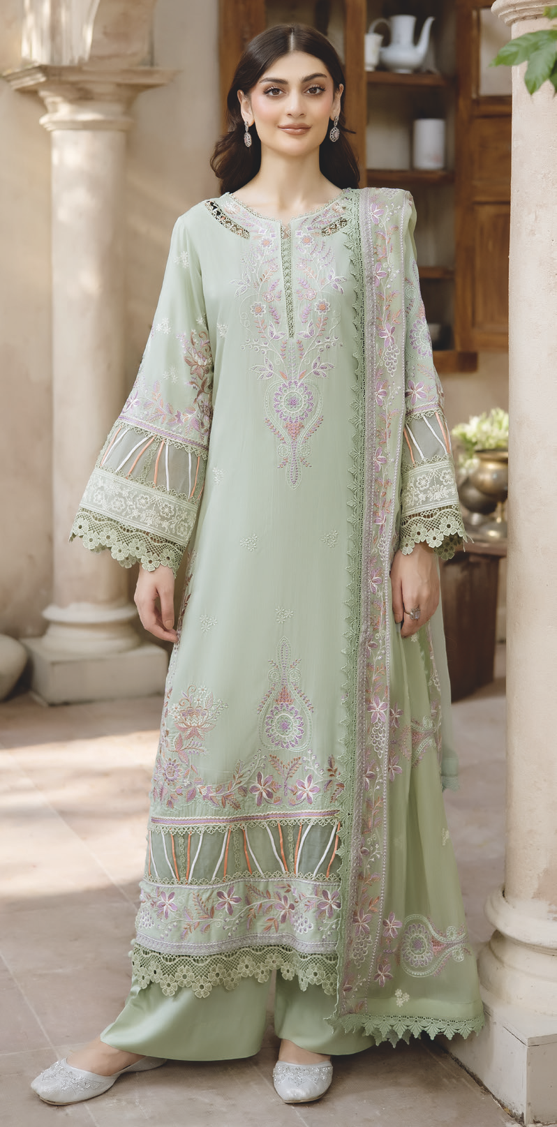 Premium Embroidered Silk Viscose with Bamber Chiffon Dupatta