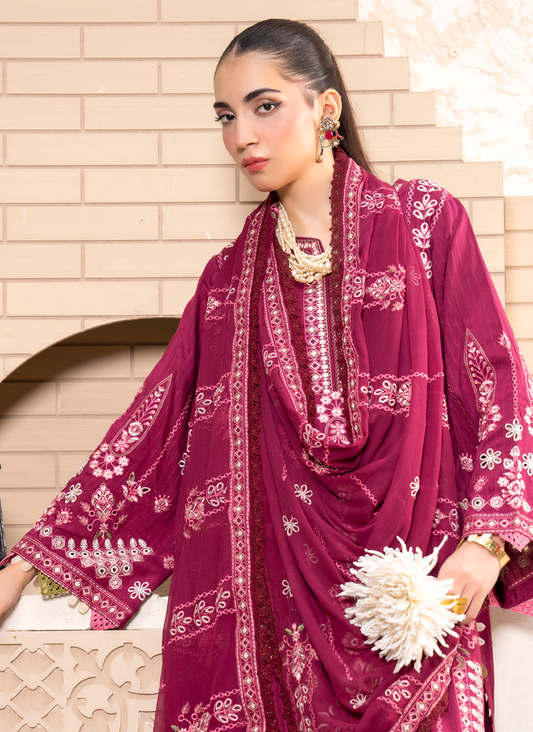 Maroon Embroidered Silk Viscose 3 Piece Suit with Bamber Chiffon Dupatta