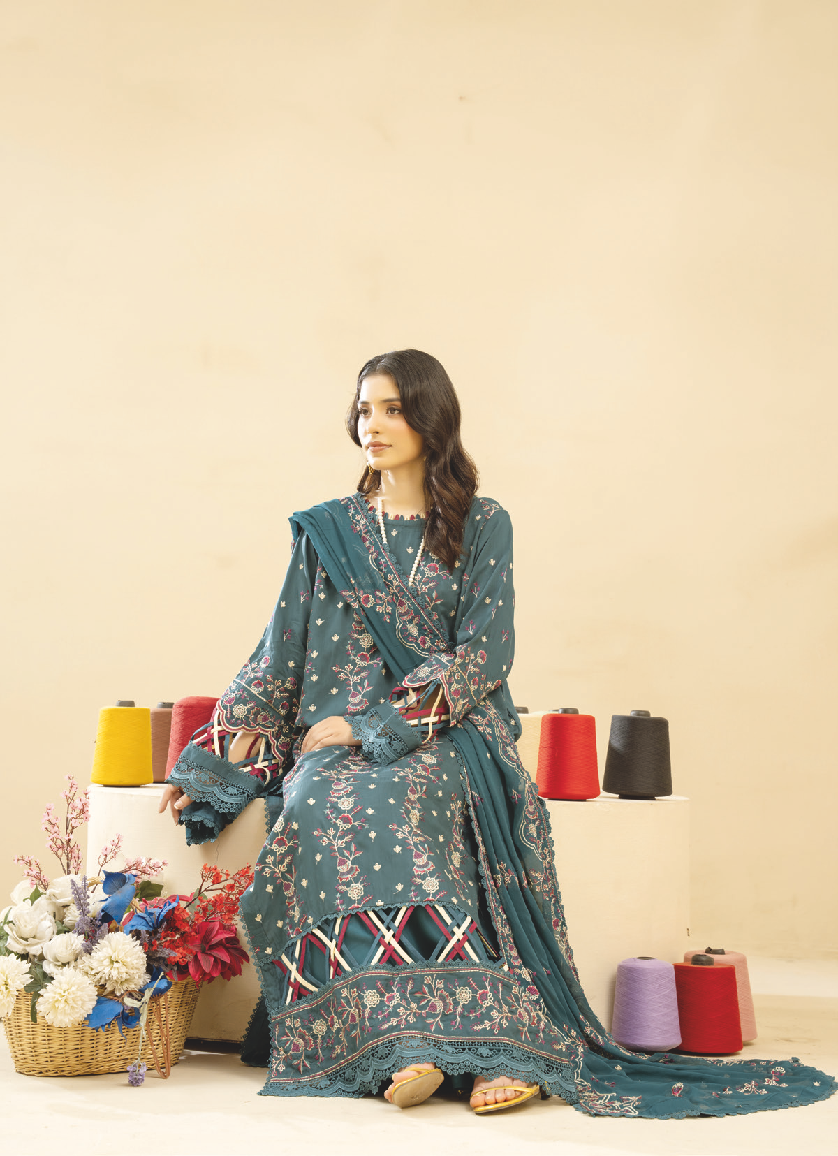 Luxury Embroidered Silk Viscose 3PC | Embroidered Bamber Chiffon Dupatta | Designer Winter Suit