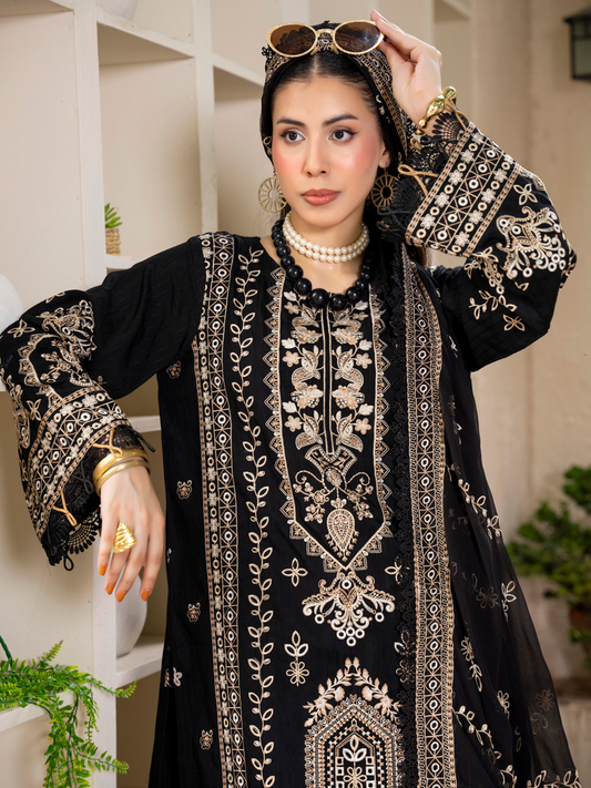 Black Embroidered Silk Viscose 3 Piece Suit with Bamber Chiffon Dupatta