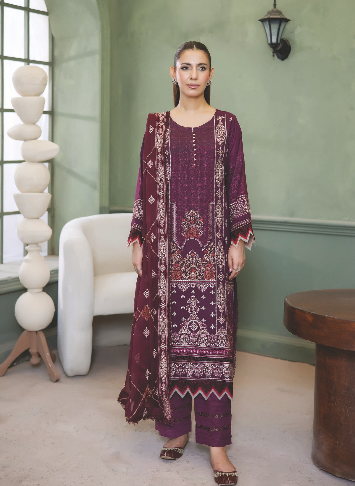 Elegant Embroidered Resham Karandi with Bamber Chiffon Dupatta