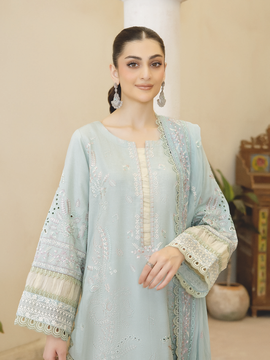 Embroidered Resham Karandi Suit with Embroidered Bamber Chiffon Dupatta | Luxury Winter Collection