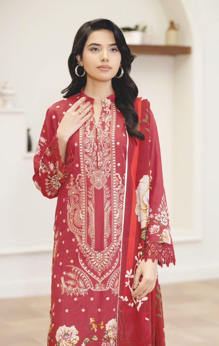 Premium Staple Slub Embroidered 3-Piece Suit with Printed Shawal – Women’s Collection