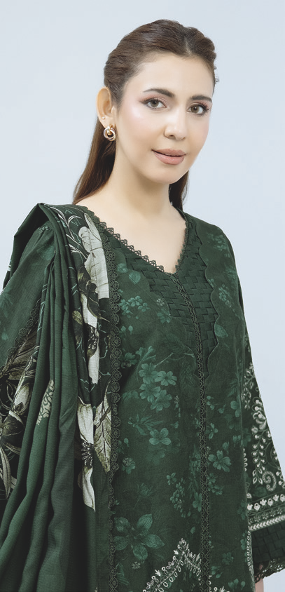 Embroidered Staple Slub Outfit with Elegant Printed Shawl and Trousers