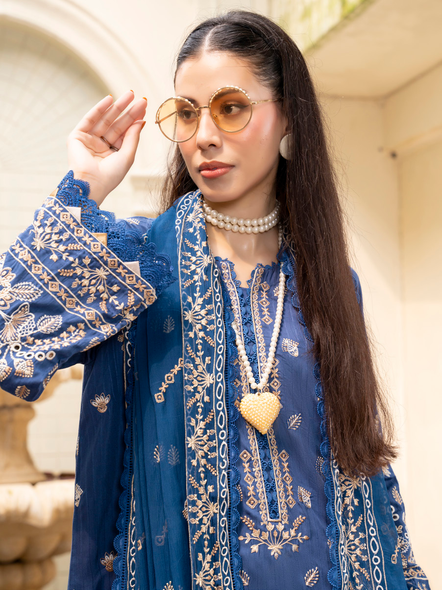 Royal Blue Embroidered Silk Viscose 3 Piece Suit with Bamber Chiffon Dupatta