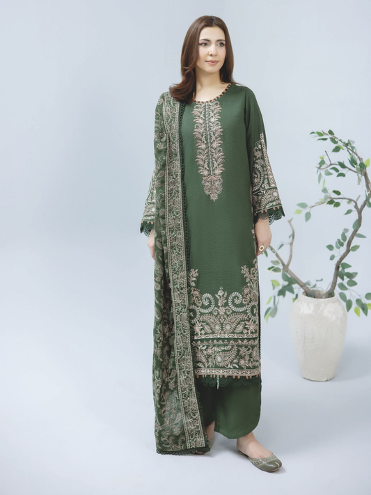Luxury 3-Piece Winter Outfit with Detailed Embroidery and Wool Shawl