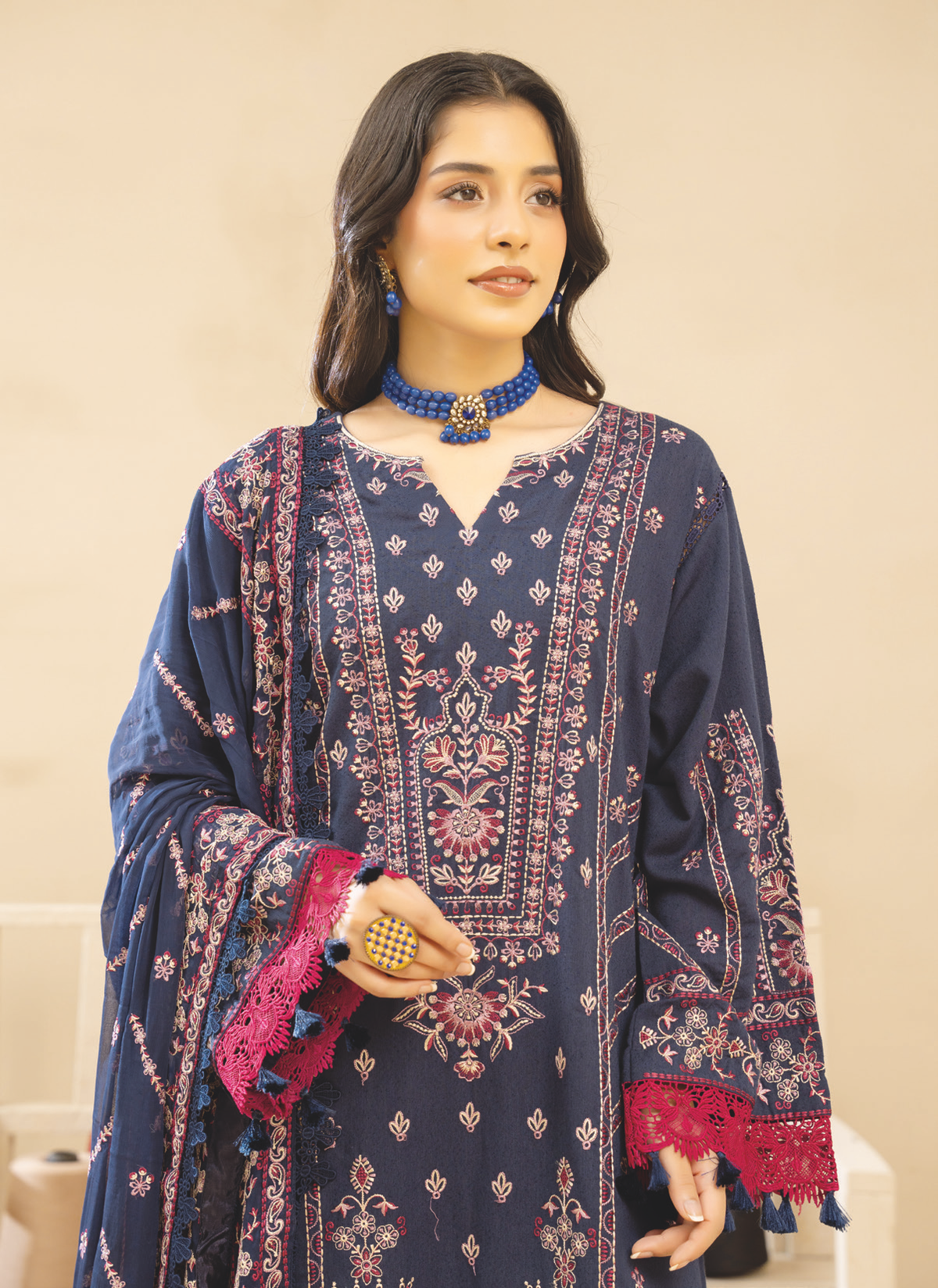 Embroidered Luxury Staple Slub with Printed Shawl