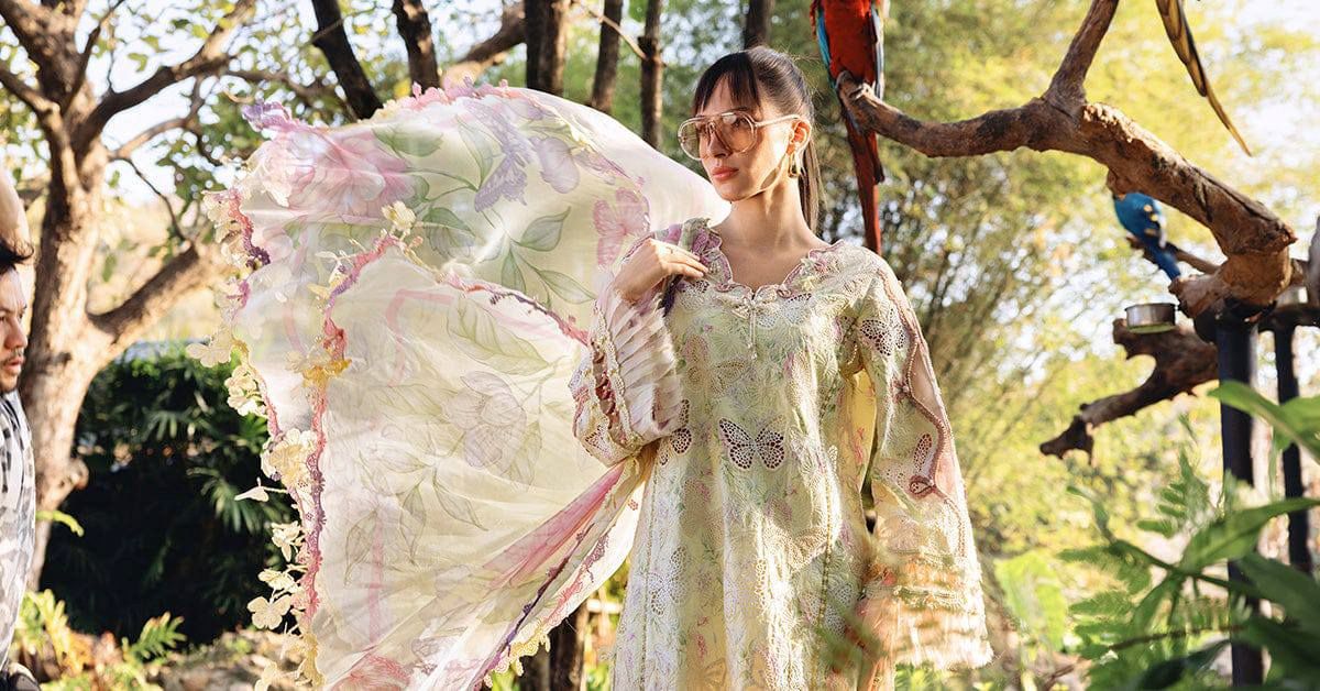 Butterfly Dress Women Maria B Style 3 Piece Lawn Suit Embroidered Front Chiffon Dupatta Cambric Trouser Trendy Summer