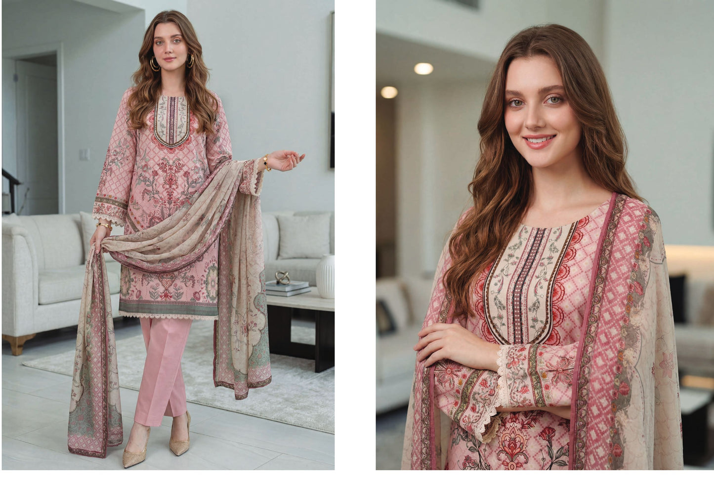 Rose Blush in printed lawn with chiffon dubatta