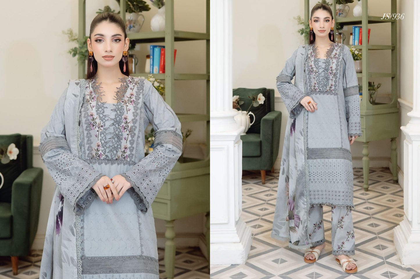 Pearl Grey_ chikenkari unstitched 3 pieces suit