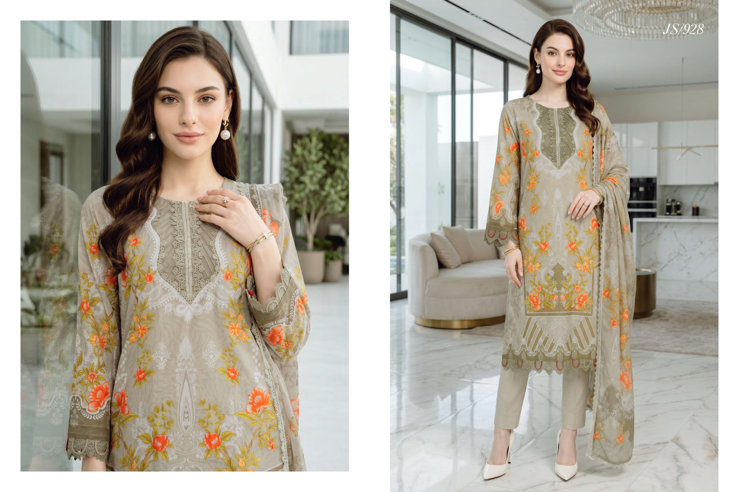 Soft Grey Floral Printed Lawn Suit with Printed Lawn Dupatta