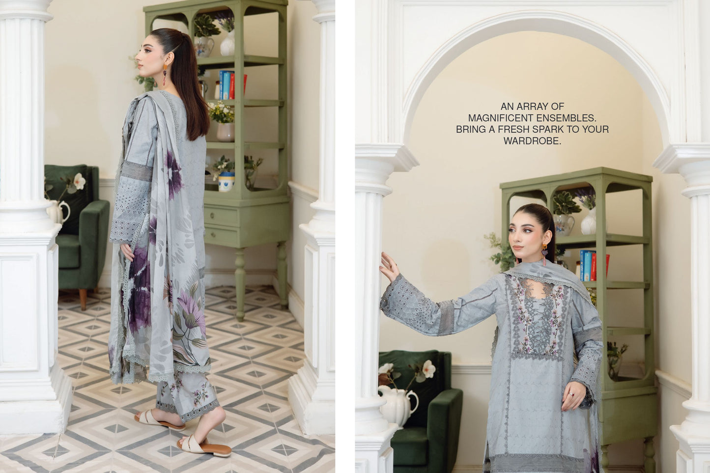 Pearl Grey_ chikenkari unstitched 3 pieces suit