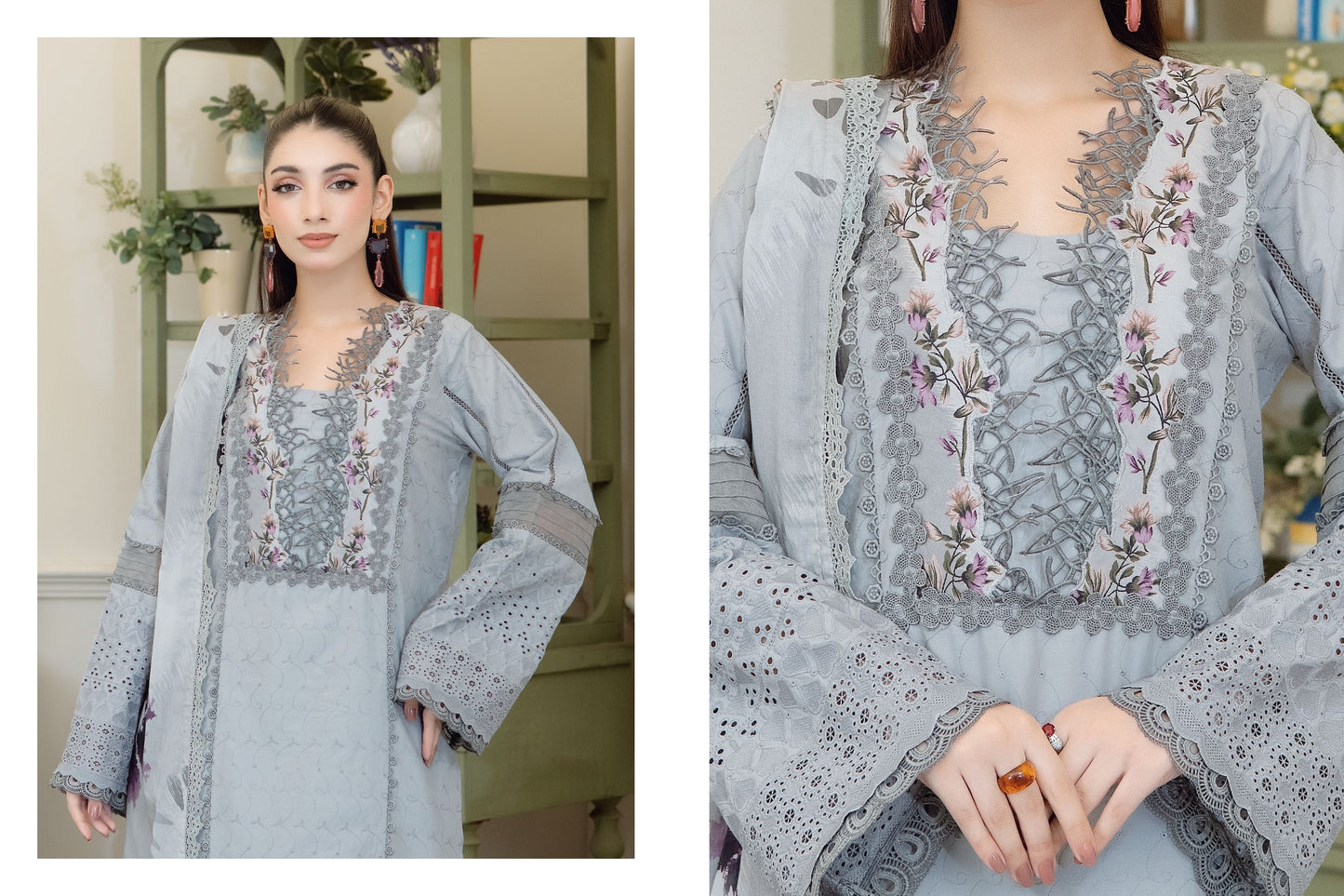 Pearl Grey_ chikenkari unstitched 3 pieces suit