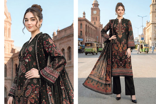Midnight Black Floral Printed Lawn Suit with Printed Lawn Dupatta