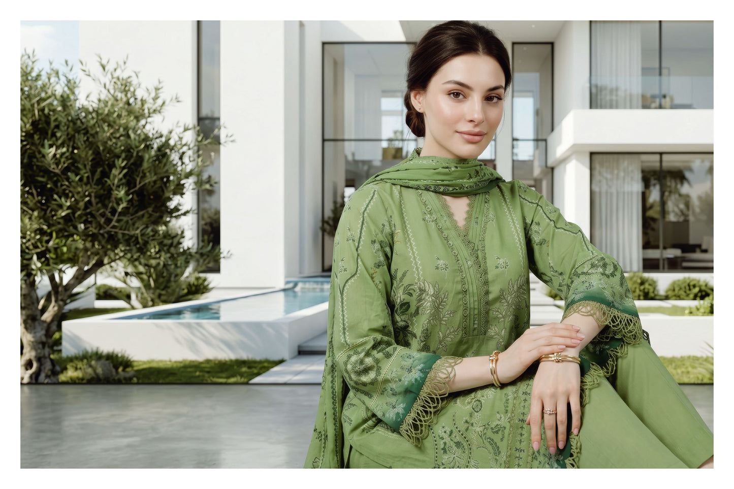 Olive Green Embellished Printed Lawn Suit with Printed Lawn Dupatta