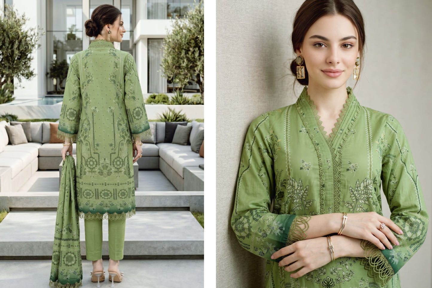 Olive Green Embellished Printed Lawn Suit with Printed Lawn Dupatta