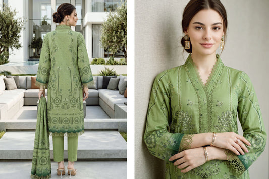 Olive Green Embellished Printed Lawn Suit with Printed Lawn Dupatta