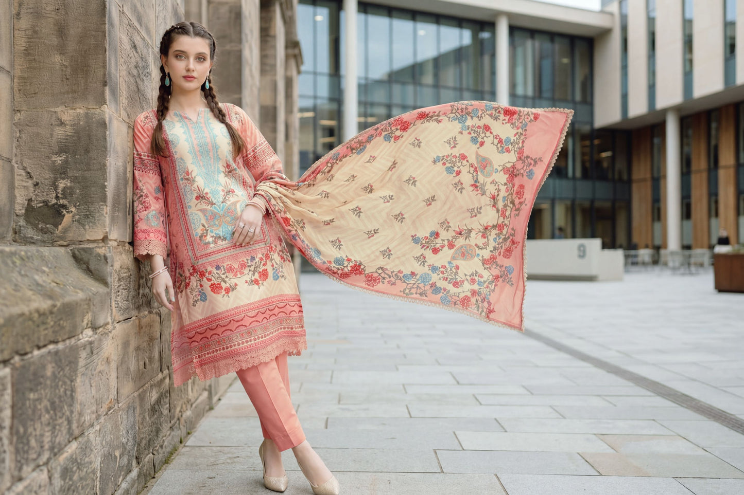 Peach Garden Printed Lawn Suit with Printed Lawn Dupatta