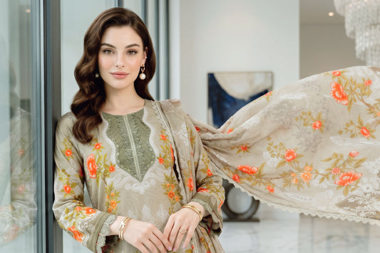 Soft Grey Floral Printed Lawn Suit with Printed Lawn Dupatta