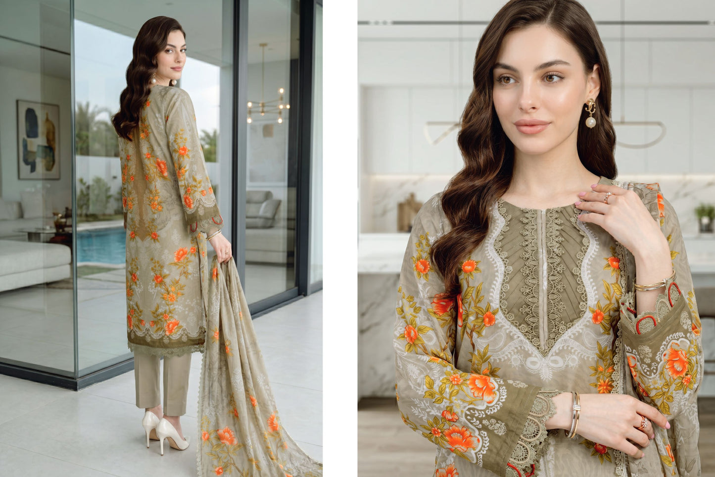 Soft Grey Floral Printed Lawn Suit with Printed Lawn Dupatta