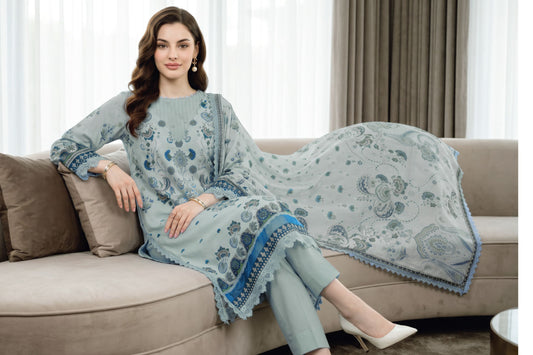 Sky Blue Floral Printed Lawn Suit with Printed Lawn Dupatta