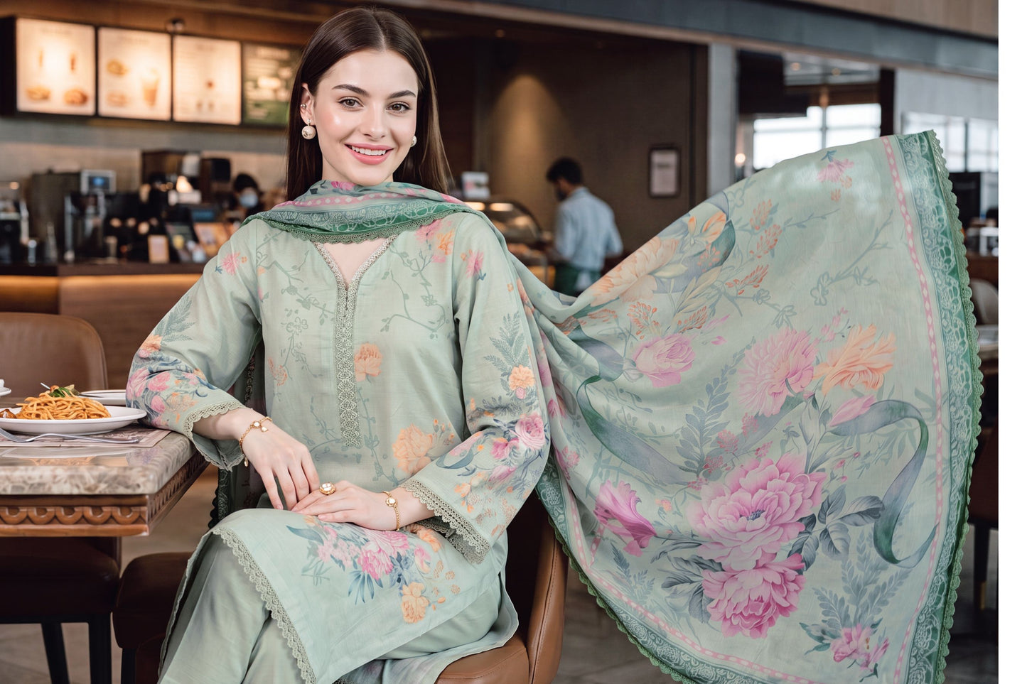Pearl Ivory – Printed Lawn with Chiffon Dupatta