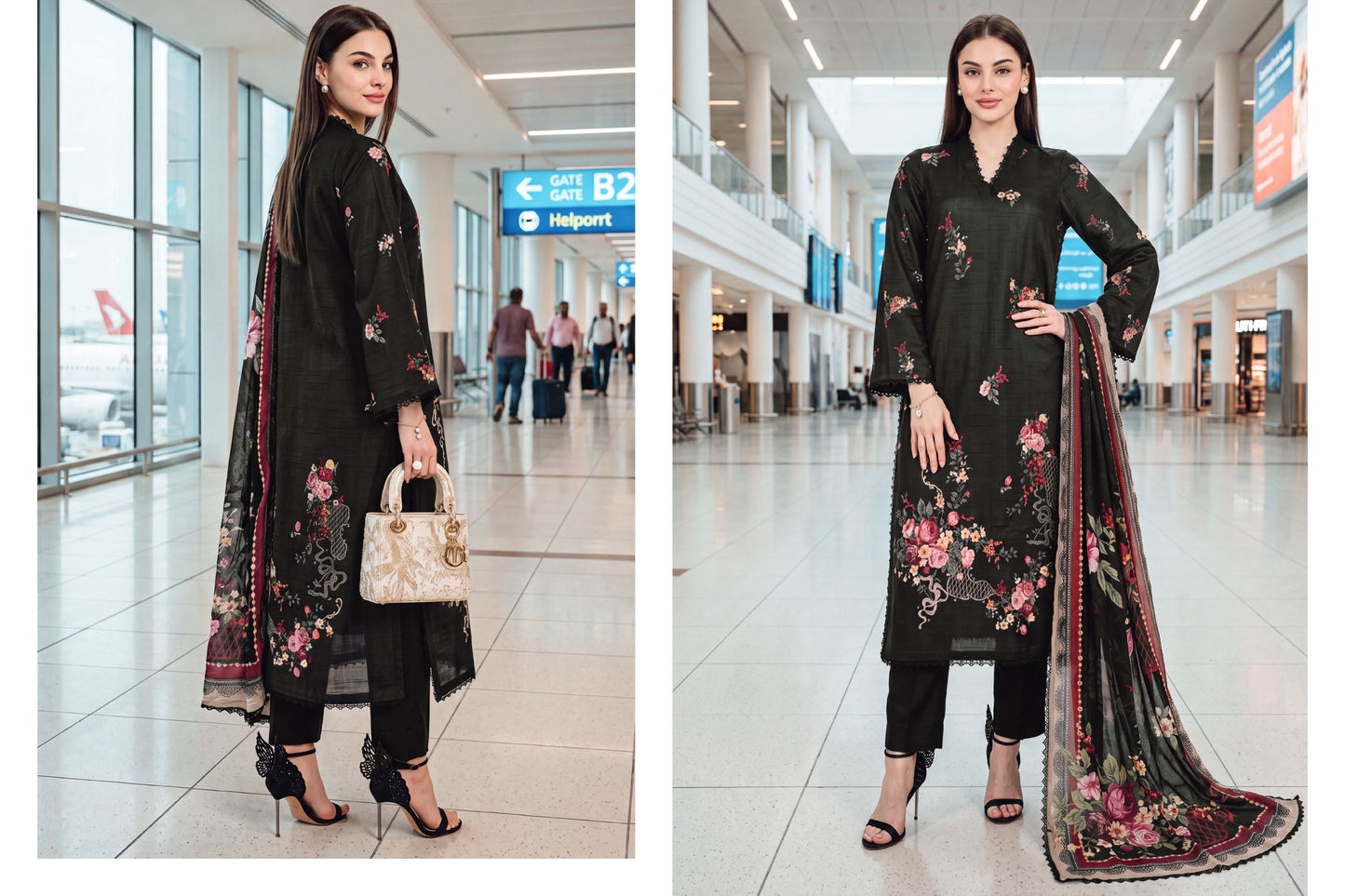 Black Printed Lawn with Chiffon Dupatta