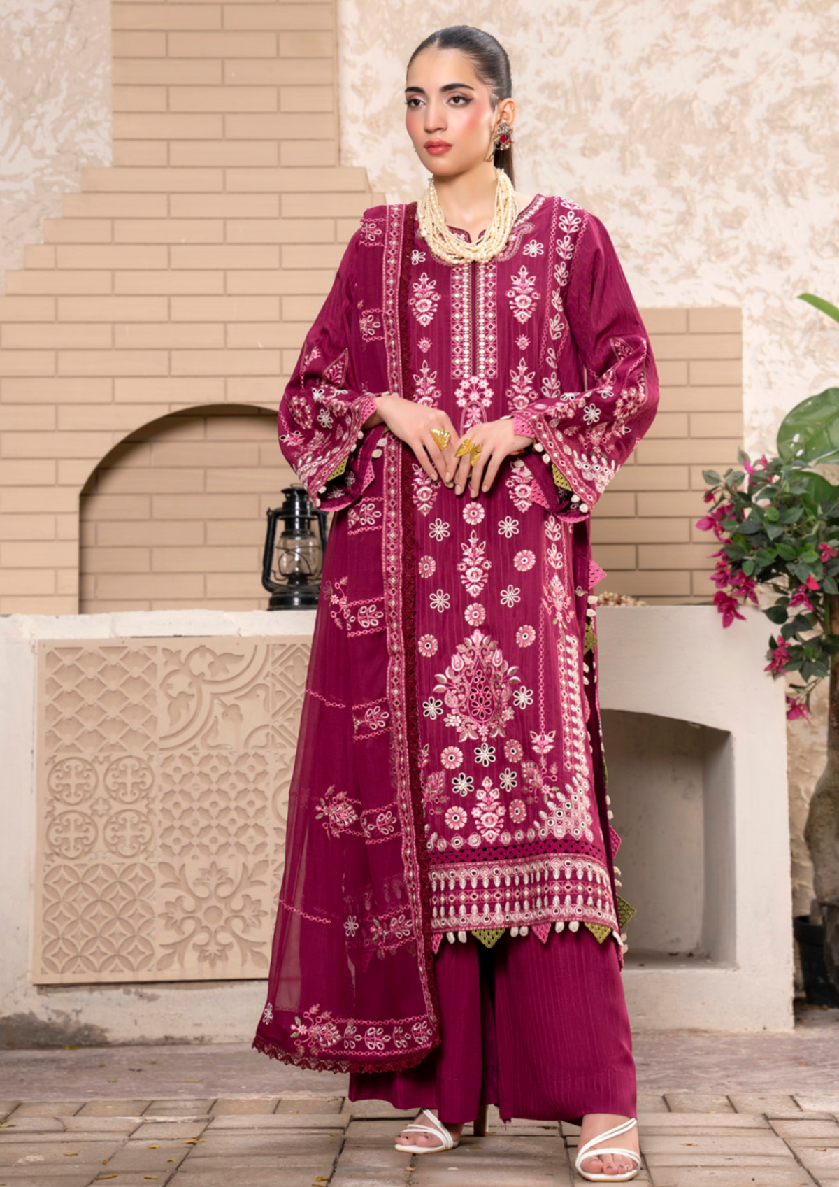 Maroon Embroidered Silk Viscose 3 Piece Suit with Bamber Chiffon Dupatta