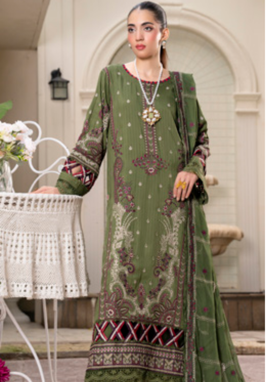 Olive Green Embroidered Silk Viscose 3 Piece Suit with Bamber Chiffon Dupatta