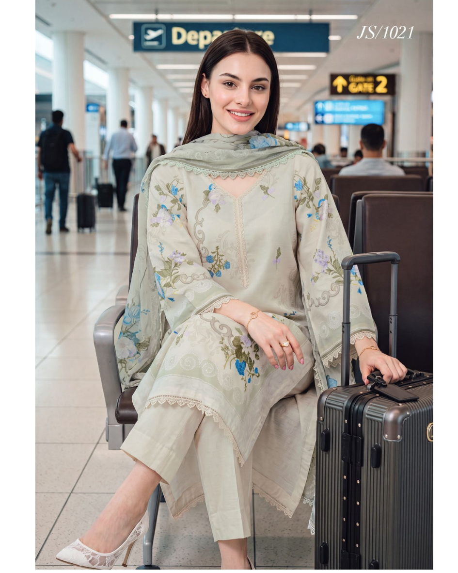 Unstitched  Printed Lawn with Chiffon Dupatta