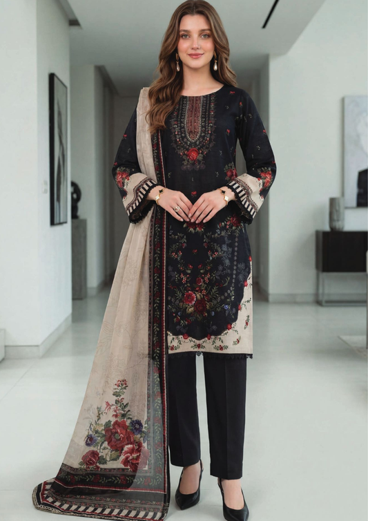 Midnight Noir_printed lawn with chiffon dubatta