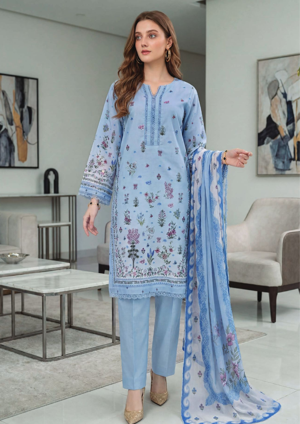 Sky Serenity – Printed Lawn Suit with Printed Chiffon Dupatta