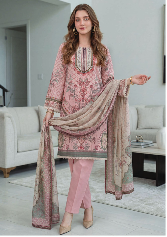 Rose Blush in printed lawn with chiffon dubatta