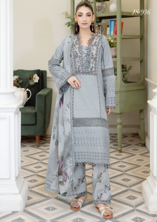 Pearl Grey_ chikenkari unstitched 3 pieces suit