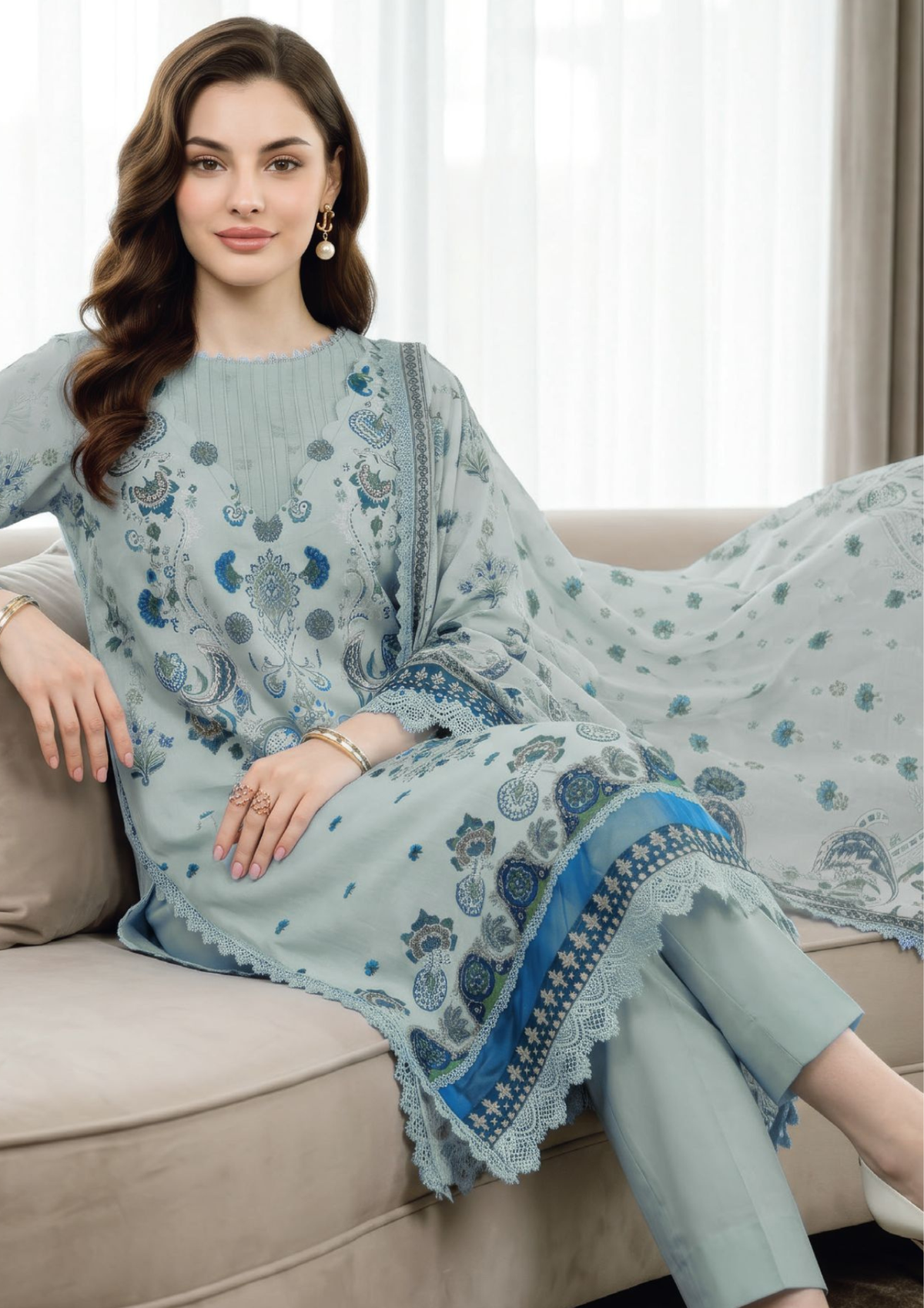 Sky Blue Floral Printed Lawn Suit with Printed Lawn Dupatta