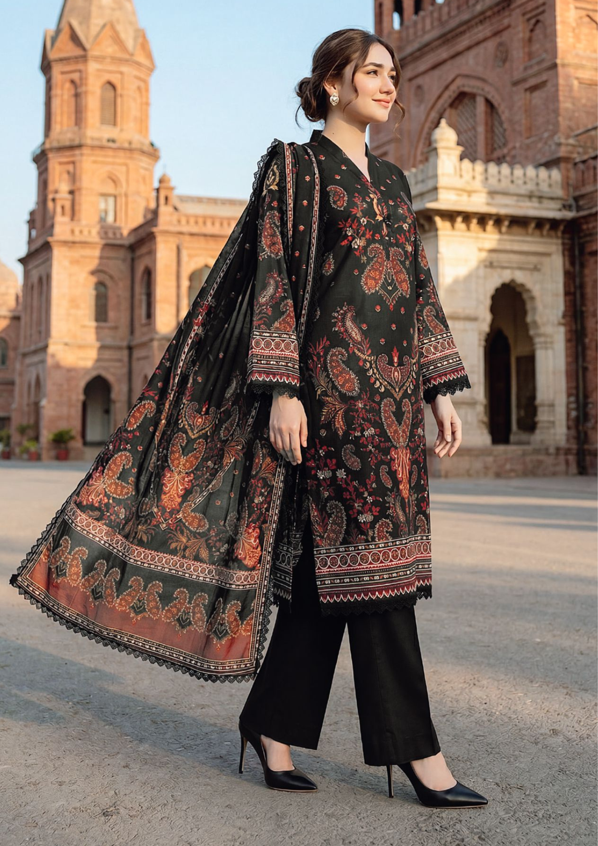 Midnight Black Floral Printed Lawn Suit with Printed Lawn Dupatta