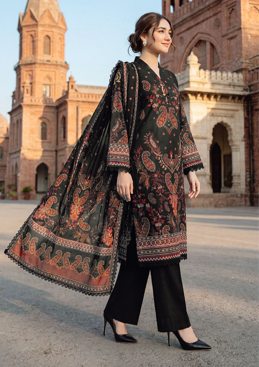 Midnight Black Floral Printed Lawn Suit with Printed Lawn Dupatta