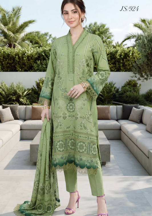 Olive Green Embellished Printed Lawn Suit with Printed Lawn Dupatta